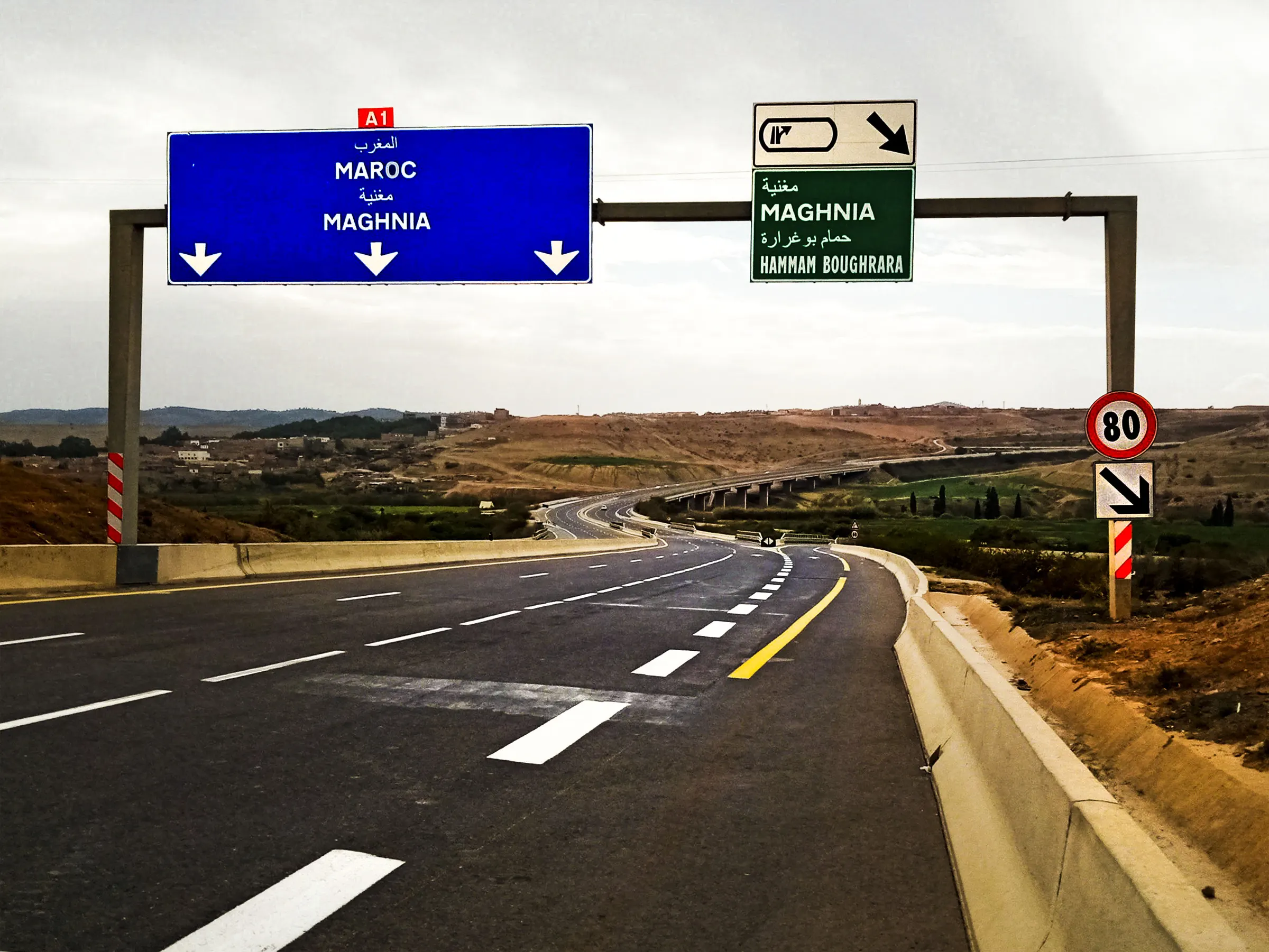 Driver’s view of the East–West Highway (A1) at Maghnia, Tlemcen Province, Algeria